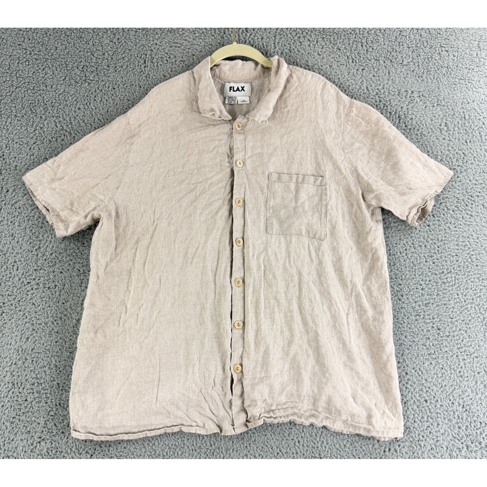 FLAX Linen Button Down Shirt Mens 1G Beige Short Sleeve Generous Fit Casual